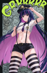 Rule 34 | 1girl, absurdres, arm strap, arm up, artist name, belt, black belt, black shorts, blue hair, blunt bangs, breasts, buckle, colored inner hair, commentary, covered erect nipples, crop top, dated, english commentary, english text, hand on headwear, hat, highres, long hair, looking down, medium breasts, multicolored hair, navel, necktie, no bra, panty &amp; stocking with garterbelt, pink hair, police badge, police hat, purple eyes, purple necktie, sawkm, shirt, short shorts, short sleeves, shorts, skindentation, solo, stocking (psg), stomach, straight hair, striped clothes, striped thighhighs, suspenders, suspenders pull, thighhighs, two-tone hair, underboob, very long hair, white shirt