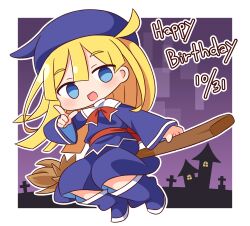 Rule 34 | 1girl, :d, blonde hair, blue eyes, blue footwear, blue headwear, blue shirt, blue skirt, blush, boots, broom, broom riding, chibi, dated, empty eyes, hana kazari, hand up, happy birthday, highres, index finger raised, long hair, long sleeves, looking at viewer, open mouth, outline, puyopuyo, shirt, skirt, smile, solo, very long hair, white outline, wide sleeves, witch (puyopuyo)