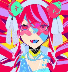 Rule 34 | 10 4 (10f0ur), 1girl, bead necklace, beads, bear hair ornament, collarbone, fangs, hair ornament, hairband, heterochromia, highres, hololive, hololive indonesia, jewelry, kureiji ollie, kureiji ollie (mafia princess), looking at viewer, multicolored hair, necklace, official alternate costume, pink-tinted eyewear, portrait, purple hair, red eyes, red hair, solo, straight-on, streaked hair, sunglasses, tinted eyewear, twintails, udin (kureiji ollie), virtual youtuber, white hairband, yellow background, yellow eyes
