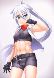 Rule 34 | 1girl, abs, belt, bike shorts, black gloves, blue eyes, breasts, cameltoe, clenched hand, covered erect nipples, cowboy shot, gloves, gradient background, hair flaps, halterneck, hood, hoodie, long hair, looking at viewer, myouan, navel, open clothes, open hoodie, original, ponytail, scarf, shirakami itsuki, sleeveless, sleeveless hoodie, smile, solo, standing, toned, very long hair, white hair