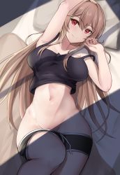 1girl absurdres arm_up bare_arms bare_shoulders black_camisole black_shorts breasts brown_hair camisole closed_mouth clothes_pull collarbone commentary_request feet_out_of_frame furen_e_lustario futon groin hair_between_eyes hand_up highres kirikan_(cokekiri) knee_up large_breasts long_hair looking_at_viewer lying navel nijisanji on_back on_bed pillow red_eyes short_shorts shorts shorts_pull smile solo strap_slip very_long_hair virtual_youtuber