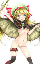 Rule 34 | 1girl, :d, bikini, black cloak, black thighhighs, blonde hair, blue eyes, blush, bow, braid, breasts, cloak, copyright request, fur-trimmed cloak, fur trim, green bikini, green hat, groin, hair between eyes, hat, hat bow, holding, lace-trimmed bow, lace trim, long hair, micro bikini, navel, open mouth, outstretched arm, red bow, shimo (depthbomb), side braid, simple background, small breasts, smile, solo, swimsuit, teeth, thighhighs, upper body, upper teeth only, very long hair, white background