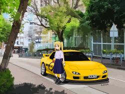 Rule 34 | 1girl, absurdres, ahoge, black choker, blonde hair, blue skirt, bocchi the rock!, boots, bow, bowtie, cable tie, car, choker, full body, highres, ijichi nijika, long hair, mazda, mazda rx-7, mazda rx-7 fd, motor vehicle, outdoors, photo background, pleated skirt, ponytail, red bow, red bowtie, red eyes, red wristband, shirt tucked in, short sleeves, side ponytail, sidelocks, signature, skirt, solo, tree, twitter username, whatthefrunk