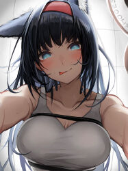 Rule 34 | 1girl, :p, absurdres, animal ear fluff, animal ears, arknights, black hair, blaze (arknights), blue eyes, blush, breasts, collarbone, hairband, highres, large breasts, long hair, looking at viewer, naughty face, red hairband, solo, sweat, tab head, tongue, tongue out, upper body