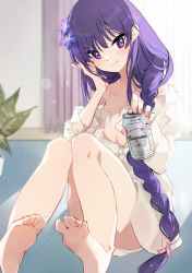 Rule 34 | 1girl, barefoot, beer can, blue hair, blurry, blurry background, blush, braid, breasts, can, cleavage, closed mouth, collarbone, collared shirt, commentary request, curtains, depth of field, dress shirt, drink can, flower, foreshortening, genshin impact, hair flower, hair ornament, hair over shoulder, hand up, head tilt, highres, holding, holding can, long hair, long sleeves, looking at viewer, medium breasts, multicolored hair, naked shirt, purple eyes, purple flower, purple hair, raiden shogun, shadowsinking, shirt, single braid, smile, soles, solo, streaked hair, very long hair, white shirt