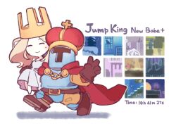 Rule 34 | 1boy, 1girl, armor, belt, blonde hair, blush, boots, brown footwear, brown gloves, cape, carrying, chain, closed eyes, copyright name, crown, dress, full armor, gloves, hand up, humibun74, jump king, jump king (character), long hair, new babe (jump king), no nose, red cape, shadow, smile, v, white dress