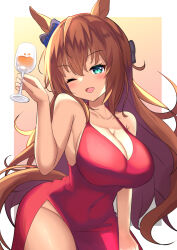 Rule 34 | 1girl, animal ears, aqua eyes, bare shoulders, bow, breasts, brown hair, cleavage, collarbone, covered navel, cowboy shot, curvy, dress, drink, ear bow, halter dress, halterneck, hand up, highres, horse ears, horse girl, horse tail, large breasts, leaning forward, light blush, long hair, looking at viewer, maruzensky (umamusume), one eye closed, open mouth, red dress, side slit, simple background, smile, solo, tail, umamusume, yuutopia