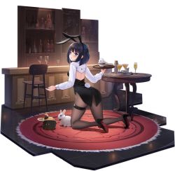 Rule 34 | 1girl, acasta (azur lane), acasta (monochromatic marvel) (azur lane), alcohol, allenes, animal ears, azur lane, bar (place), black footwear, blue eyes, carpet, cocktail glass, cup, drinking glass, fake tail, from behind, high heels, highres, kneeling, looking at viewer, looking back, manjuu (azur lane), medium hair, official alternate costume, official art, pantyhose, rabbit, rabbit ears, rabbit tail, round table, shoes, sleeve cuffs, solo, table, tail, thigh strap, transparent background, white sleeves