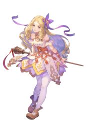 Rule 34 | 1girl, bare shoulders, blonde hair, blue eyes, boots, breasts, dress, flower, full body, haccan, hair flower, hair ornament, hair ribbon, highres, hinna (visions of mana), holding, holding staff, long hair, official art, pantyhose, ribbon, second-party source, seiken densetsu, small breasts, smile, solo, staff, transparent background, visions of mana, white pantyhose