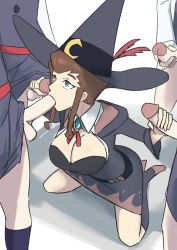 Rule 34 | 5girls, anne finneran, blue eyes, breasts, brown hair, cleavage, diooksan, double handjob, fellatio, futa with female, futanari, handjob, hat, highres, large breasts, little witch academia, masturbation, multiple futanari, multiple girls, multiple penises, oksandio, oral, penis, tagme, testicles, uncensored, witch, witch hat
