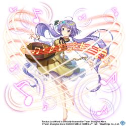 Rule 34 | 1girl, ahoge, bare legs, barefoot, biwa lute, breasts, brown dress, closed mouth, collared dress, copyright notice, dress, flower, full body, hair flower, hair ornament, happy, instrument, long sleeves, looking at viewer, lute (instrument), medium breasts, music, musical note, neck ribbon, official art, playing instrument, purple eyes, purple hair, ribbon, rotte (1109), smile, toes, touhou, touhou lostword, transparent background, tsukumo benben, twintails