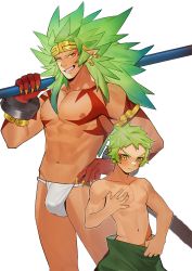 Rule 34 | 2boys, abs, bara, bodypaint, bulge, character request, child, colored skin, dark-skinned male, dark skin, dragalia lost, feet out of frame, fundoshi, green hair, grin, japanese clothes, large pectorals, long hair, looking at viewer, male focus, multiple boys, muscular, muscular male, navel, nipples, over shoulder, pectorals, pointy ears, qitian dasheng, red skin, short hair, smile, stomach, thick thighs, thighs, toned, toned male, underwear, underwear only, weapon, weapon over shoulder, yaowu
