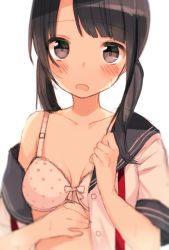 Rule 34 | 1girl, black eyes, black hair, blush, bra, breasts, collarbone, looking at viewer, low twintails, midorikawa you, open clothes, open mouth, original, simple background, small breasts, solo, twintails, underwear, uniform, upper body, white background