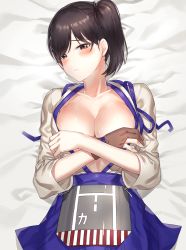Rule 34 | 10s, 1girl, blue hakama, blush, breasts, brown eyes, brown hair, commentary request, covering privates, covering breasts, crossed arms, gloves, hakama, hakama skirt, japanese clothes, kaga (kancolle), kantai collection, kfr, large breasts, long sleeves, looking at viewer, md5 mismatch, on bed, open clothes, partially fingerless gloves, partly fingerless gloves, short hair, side ponytail, single glove, skirt, solo, sweat, tasuki, yugake