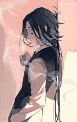 Rule 34 | 1boy, against wall, black hair, black vest, cigarette, circlet, coin (ornament), collared shirt, denpa0304, earrings, eyelashes, flipped hair, formal, from side, half-closed eyes, hand in pocket, hand up, highres, holding, holding cigarette, holding lighter, jewelry, laojun (the legend of luoxiaohei), leaning back, lighter, lighting cigarette, long hair, long sleeves, looking away, looking down, male focus, mouth hold, profile, red background, shirt, smoke, smoking, solo, suit, luo xiaohei zhanji, twitter username, very long hair, vest, white shirt