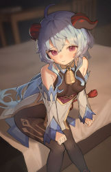 Rule 34 | 1girl, absurdres, ahoge, bare shoulders, bed, bed sheet, bedroom, bell, blue hair, blush, bodystocking, bodysuit, bow, breasts, cowbell, detached sleeves, ganyu (genshin impact), genshin impact, gloves, half-closed eyes, highres, horns, long sleeves, low ponytail, medium breasts, on bed, pantyhose, purple eyes, sitting, small breasts, solo