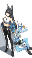Rule 34 | 2girls, ;d, absurdres, animal ear fluff, animal ears, arm up, bare legs, bare shoulders, black choker, black footwear, black hair, black pants, black shorts, blue jacket, blue skin, boots, braid, breasts, character request, choker, colored skin, commentary request, crop top, czk, french braid, high heel boots, high heels, highres, horns, hoshimi miyabi, jacket, large breasts, leggings, long sleeves, midriff, multiple girls, navel, off shoulder, one eye closed, open clothes, open jacket, open mouth, pants, see-through, see-through sleeves, shirt, shoes, short shorts, shorts, simple background, sleeveless, sleeveless shirt, smile, soukaku (zenless zone zero), stomach, white background, white hair, white shirt, zenless zone zero