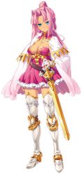 Rule 34 | 1girl, armor, belt, blue eyes, breasts, cape, cleavage, dress, facial mark, forehead mark, full body, gloves, hair intakes, hikage eiji, koihime musou, long hair, official art, pink hair, ponytail, red dress, sheath, sheathed, short dress, single glove, solo, sonken, strapless, strapless dress, sword, thighhighs, transparent background, weapon, white cape, white gloves, white thighhighs