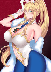 Rule 34 | 1girl, ahoge, animal ears, artoria pendragon (all), artoria pendragon (fate), artoria pendragon (swimsuit ruler) (fate), bad id, bad pixiv id, bare shoulders, between breasts, blonde hair, blue pantyhose, blush, bow, bowtie, breasts, card, cleavage, closed mouth, clothing cutout, detached collar, fake animal ears, fate/grand order, fate (series), fenux, gradient background, green eyes, hair between eyes, highleg, highleg leotard, highres, large breasts, leotard, long hair, looking at viewer, navel, navel cutout, one eye closed, pantyhose, playboy bunny, playing card, ponytail, rabbit ears, red background, sidelocks, smile, solo, tiara, white leotard, wrist cuffs