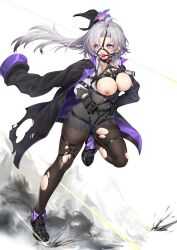 Rule 34 | 1girl, absurdres, ahoge, apc9k (girls&#039; frontline), ball gag, bdsm, black pantyhose, bondage, bound, breasts, breasts out, cleavage, commission, flower, full body, gag, girls&#039; frontline, grey hair, hair flower, hair ornament, harness, highres, jacket, jacket on shoulders, large breasts, long hair, medium breasts, nipples, pantyhose, ray (pixiv9514208), restrained, running, second-party source, smoke, solo, thighband pantyhose, torn clothes, torn jacket, torn pantyhose