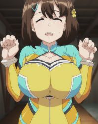 Rule 34 | 10s, 1girl, animated, animated gif, arms up, bodysuit, bouncing, bouncing breasts, breasts, brown hair, closed eyes, collarbone, diving suit, female focus, green bodysuit, hair ornament, highres, indoors, kandagawa jet girls, large breasts, looping animation, multicolored bodysuit, multicolored clothes, namiki rin, short hair, skin tight, solo, standing, stitched, sweat, talking, third-party edit, upper body, wetsuit, yellow bodysuit