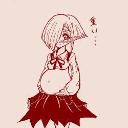 Rule 34 | 1girl, blush, closed mouth, hair over one eye, jashin-chan dropkick, lowres, monochrome, navel, persephone ii, pointy ears, pregnant, short hair, sketch, skirt, solo, tears