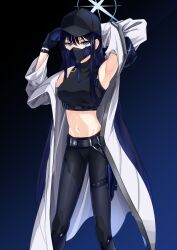 Rule 34 | 1girl, absurdres, armpits, arms up, bare shoulders, baseball cap, belt, black background, black belt, black hat, black pants, black shirt, blue archive, blue background, blue eyes, blue hair, breasts, commentary request, crop top, feet out of frame, gradient background, hat, highres, kipdrew, large breasts, leggings, long hair, looking at viewer, mask, midriff, mouth mask, navel, pants, saori (blue archive), shirt, sleeveless, sleeveless shirt, solo, standing, stomach, very long hair