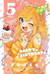 Rule 34 | 1girl, 2023, alternate hairstyle, birthday cake, blonde hair, blue eyes, blush, braid, cake, calendar (medium), clothing cutout, commentary request, confetti, eyelashes, food, fork, fruit, happy birthday, hat, hazuki (nature.), highres, holding, holding fork, holding plate, idolmaster, idolmaster cinderella girls, long hair, looking at viewer, nail polish, ohtsuki yui, one eye closed, open mouth, party hat, plate, shoulder cutout, sidelocks, smile, solo, strawberry, streamers, striped clothes, striped sweater, sweater, twin braids, wavy hair, yellow nails, yellow sweater