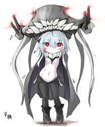 Rule 34 | 10s, 1girl, abyssal ship, arms up, blue hair, blush stickers, bodysuit, cape, chibi, glowing, glowing eyes, kaminagi (kaminagi-tei), kantai collection, looking at viewer, monster, musical note, pale skin, quaver, red eyes, solo, wo-class aircraft carrier