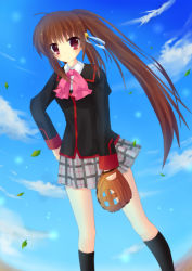 Rule 34 | 1girl, aiyan, bad id, bad pixiv id, baseball glove, bow, brown hair, little busters!, long hair, natsume rin, pink bow, plaid, plaid skirt, ponytail, red eyes, school uniform, skirt, solo