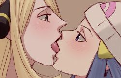 Rule 34 | 2girls, age difference, beanie, blonde hair, blue eyes, blue hair, blush, close-up, creatures (company), cynthia (pokemon), dawn (pokemon), eye contact, face-to-face, french kiss, game freak, grey eyes, hair ornament, half-closed eyes, hat, image sample, kiss, lips, long hair, looking at another, mouth-to-mouth resuscitation, multiple girls, nakaba, nintendo, open mouth, pokemon, pokemon dppt, tongue, tongue out, yuri