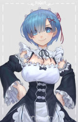 Rule 34 | 1girl, absurdres, blue eyes, blue hair, blush, bow, breasts, cleavage, closed mouth, commentary request, detached sleeves, doyagao, dress, dress bow, eyelashes, frills, hair ornament, hair over one eye, hair ribbon, hands on own hips, highres, large breasts, looking at viewer, maid, medium breasts, ne.corn, re:zero kara hajimeru isekai seikatsu, red ribbon, rem (re:zero), ribbon, short hair, smile, smug, solo, x hair ornament