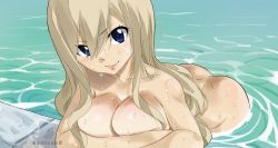 Rule 34 | 1girl, ass, bent over, blonde hair, blue eyes, breasts, colorized, eden&#039;s zero, gaston18, highres, large breasts, long hair, looking at viewer, mashima hiro, nude, rebecca bluegarden, smile, water, wet