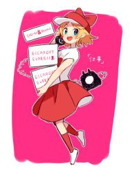 Rule 34 | 1girl, aqua eyes, blonde hair, blush, border, bow, calling, delivery, happy, hat, mother (game), mother 2, nintendo, open mouth, phone, pizza box, pizza delivery, red bow, red legwear, red skirt, shifumame, shirt, skirt, smile, solo, talking on phone, teeth, tracy, utility pole, white border, white footwear, white shirt
