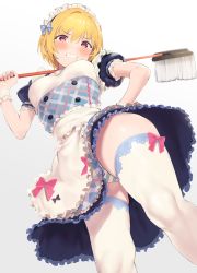Rule 34 | 1girl, alternate costume, apron, blonde hair, blue dress, blue panties, blush, breasts, buttons, clenched teeth, dress, embarrassed, enmaided, frills, from below, hair between eyes, highres, hip focus, idolmaster, idolmaster shiny colors, looking at viewer, maid, maid apron, maid headdress, medium breasts, mop, nekoshoko, panties, pantyshot, puffy short sleeves, puffy sleeves, purple eyes, saijo juri, short hair, short sleeves, simple background, solo, standing, striped clothes, striped panties, teeth, thighhighs, thighs, underwear, waist apron, white background, white thighhighs, wrist cuffs
