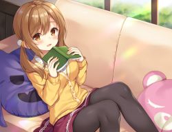 Rule 34 | 1girl, alternate hairstyle, black pantyhose, blush, book, brown eyes, brown hair, cardigan, commentary request, couch, cushion, hair bobbles, hair ornament, holding, holding book, kunikida hanamaru, long sleeves, looking at viewer, love live!, love live! sunshine!!, maroon skirt, open book, open mouth, pantyhose, reclining, school uniform, shiromikan, smile, solo, twintails, yellow cardigan, yellow eyes