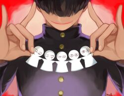 Rule 34 | 1boy, annoyed, bags under eyes, black hair, blush, closed mouth, covered eyes, crying, double fox shadow puppet, excited, facing viewer, fingernails, fox shadow puppet, gakuran, hair over eyes, hands up, jitome, kageyama shigeo, long sleeves, male focus, mameal369, mob psycho 100, nervous, paper cutout, red background, sad, school uniform, short hair, smile, solo, upper body
