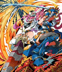 2girls arms_up black_thighhighs blue_eyes blue_gloves braid breasts cleavage fighting gloves hair_ornament hair_over_one_eye hat high_heels holding holding_sword holding_weapon kafun katana large_breasts leg_armor long_hair looking_at_another multiple_girls one_eye_covered open_mouth original pink_eyes pink_hair purple_nails sword teeth thighhighs upper_teeth_only v_arms weapon white_hat