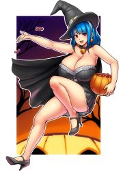 Rule 34 | 1girl, blue hair, breasts, candy, cleavage, commentary, english commentary, erkaz, floating, food, halloween, hat, highres, large breasts, looking at viewer, open hand, open mouth, original, rina atherina, short hair, solo, witch, witch hat