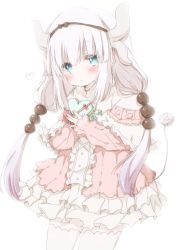 Rule 34 | 10s, 1girl, beads, black bow, black hairband, blue eyes, blunt bangs, blush, bow, capelet, dragon girl, dragon horns, dragon tail, dress, gift, hair beads, hair bow, hair ornament, hairband, hiro (hirohiro31), holding, holding gift, horns, kanna kamui, kobayashi-san chi no maidragon, long hair, long sleeves, looking at viewer, silver hair, simple background, solo, tail, thighhighs, twintails, valentine, white background, white thighhighs, zettai ryouiki