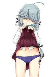 Rule 34 | 1girl, ahoge, black ribbon, blue panties, bow, bow panties, braid, brown eyes, clothes lift, commentary request, cowboy shot, dress, dress lift, dress shirt, facing viewer, grey hair, hair over eyes, hair ribbon, hamanami (kancolle), highres, kantai collection, lifted by self, long hair, long sleeves, nassukun, panties, pleated dress, purple dress, ribbon, school uniform, shirt, simple background, single braid, solo, underwear, white background, white shirt