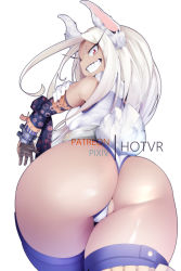 Rule 34 | 1girl, animal ears, ass, boku no hero academia, dark-skinned female, dark skin, hot vr, leotard, looking at viewer, looking back, mirko, muscular, partially visible vulva, rabbit ears, rabbit tail, red eyes, solo, tail, thick thighs, thighhighs, thighs