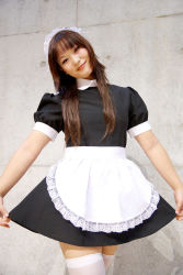 Rule 34 | apron, clothes lift, cosplay, highres, hirazuka yuki, maid, maid apron, photo (medium), skirt, skirt lift, thighhighs