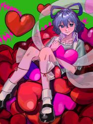 Rule 34 | 1girl, annindofu umaaa, black footwear, blue dress, blue eyes, blue hair, blush, bobby socks, closed mouth, collarbone, dress, foot out of frame, green background, hagoromo, hair between eyes, hair ornament, hair rings, hair stick, heart, highres, kaku seiga, knees up, legband, light smile, looking at viewer, mary janes, ofuda, open clothes, open vest, puffy short sleeves, puffy sleeves, see-through, shawl, shoes, short hair, short sleeves, simple background, sitting, socks, solo, touhou, vest, white socks, white vest, wing collar