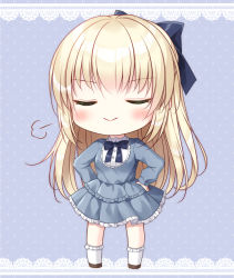 Rule 34 | 1girl, :&gt;, black bow, blonde hair, blue background, blue dress, blush, bow, brown footwear, closed eyes, closed mouth, commission, dress, facing viewer, frilled dress, frilled socks, frills, full body, hair between eyes, hair bow, hands on own hips, highres, kohinata hoshimi, layered dress, long hair, long sleeves, original, pixiv commission, pleated dress, polka dot, polka dot background, puffy long sleeves, puffy sleeves, shoes, sleeves past wrists, socks, solo, standing, very long hair, white socks