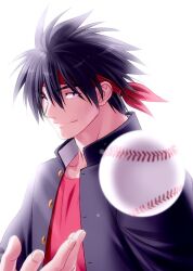 Rule 34 | 1boy, baseball (object), black hair, black jacket, bloom, blue eyes, blurry, closed mouth, commentary request, depth of field, eyes visible through hair, hair between eyes, hairband, inohara masato, jacket, lips, little busters!, looking at viewer, male focus, nose, red hairband, red shirt, shirt, short hair, simple background, smile, solo, spiked hair, upper body, v-shaped eyebrows, white background, zen (kamuro)