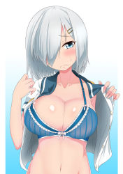 Rule 34 | 10s, 1girl, blue background, blue bra, blue eyes, bra, breasts, burusuta, collarbone, embarrassed, gradient background, hair ornament, hair over one eye, hairclip, hamakaze (kancolle), highres, kantai collection, large breasts, looking at viewer, open clothes, open shirt, school uniform, serafuku, shiny skin, shirt, short hair, silver hair, solo, underwear, upper body, wavy mouth