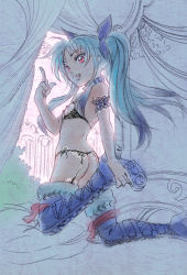 Rule 34 | 1girl, armband, ass, bed, blue hair, boots, bow, breast cutout, breastless clothes, choker, curtains, flat chest, fur trim, garter belt, garter straps, hair bow, high heel boots, high heels, jason (kaiten kussaku kikou), long hair, looking at viewer, looking back, lyrical nanoha, mahou shoujo lyrical nanoha, mahou shoujo lyrical nanoha a&#039;s, mahou shoujo lyrical nanoha a&#039;s portable: the battle of aces, levi the slasher, red eyes, solo, twintails
