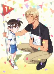 Rule 34 | 2boys, :d, ^ ^, amuro tooru, arms behind back, black-framed eyewear, black footwear, black shirt, blonde hair, blue eyes, blue shorts, blush, brown hair, brown pants, casual, child, closed eyes, commentary request, confetti, edogawa conan, embarrassed, facing another, flag, glasses, gym shirt, gym shorts, gym uniform, hair between eyes, happy, headband, highres, holding, holding flag, k (gear labo), looking at viewer, looking away, male focus, meitantei conan, multiple boys, numbered flag, open mouth, pants, pennant, shadow, shirt, shirt tucked in, shoes, short hair, short sleeves, shorts, smile, sneakers, socks, squatting, standing, translation request, white background, white headband, white legwear, white shirt