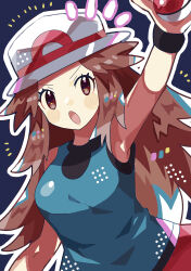 1girl :o anidler91 arm_up blue_background blue_shirt breasts brown_eyes brown_hair creatures_(company) game_freak hat highres holding holding_poke_ball leaf_(pokemon) long_hair medium_breasts nintendo no_sclera open_mouth outline poke_ball poke_ball_(basic) pokemon pokemon_frlg porkpie_hat red_skirt shirt skirt solo v-shaped_eyebrows white_hat white_outline